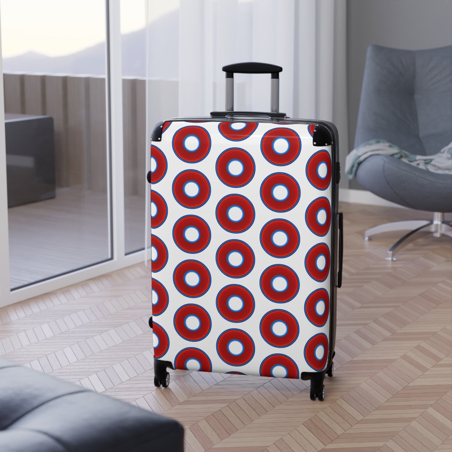 The Very Lumpy Donut Suitcase series - your choice of S, M or L - vivid red donut print w/white background