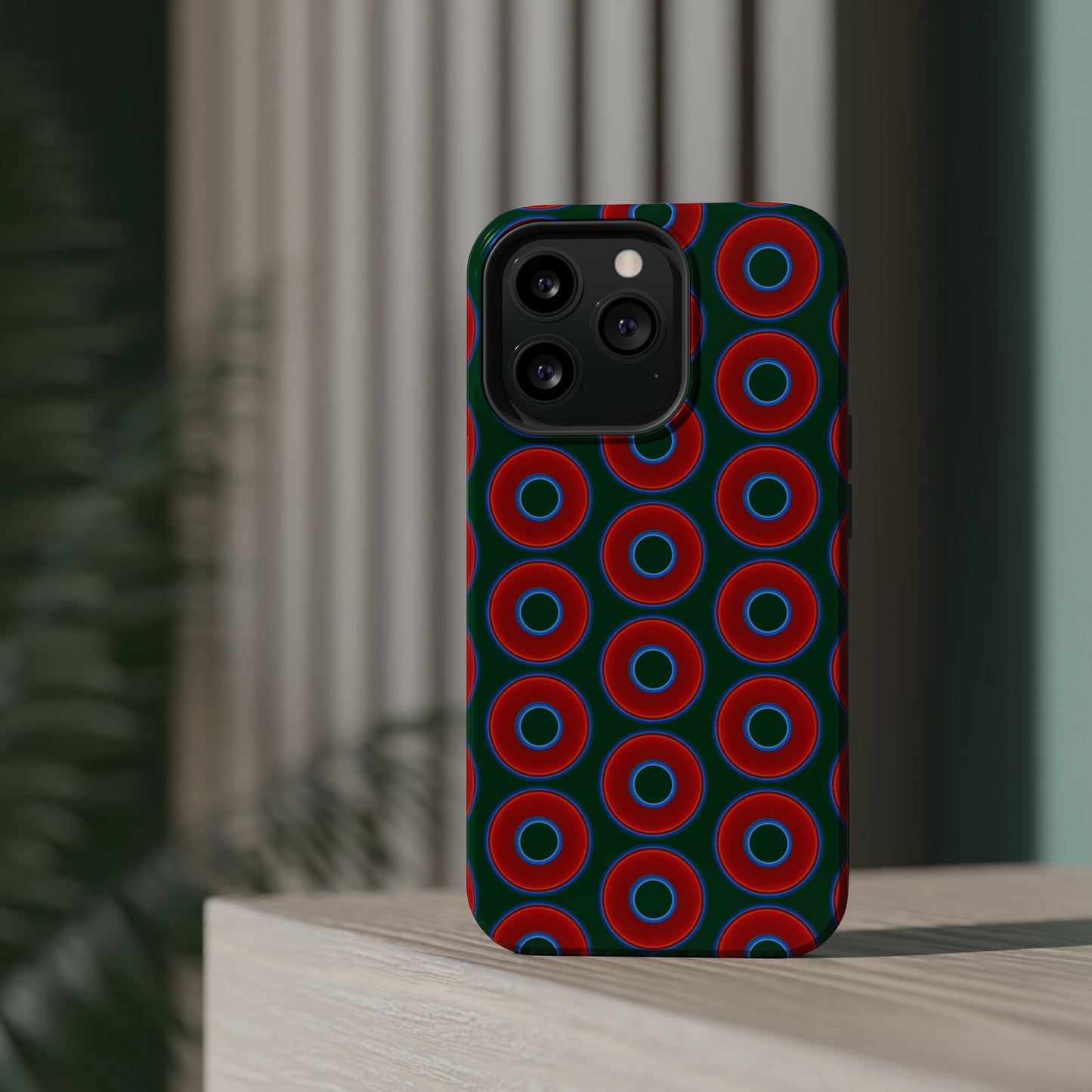 Magnetic Tough Donut Case - red vivid donut print w/deep pond green background
