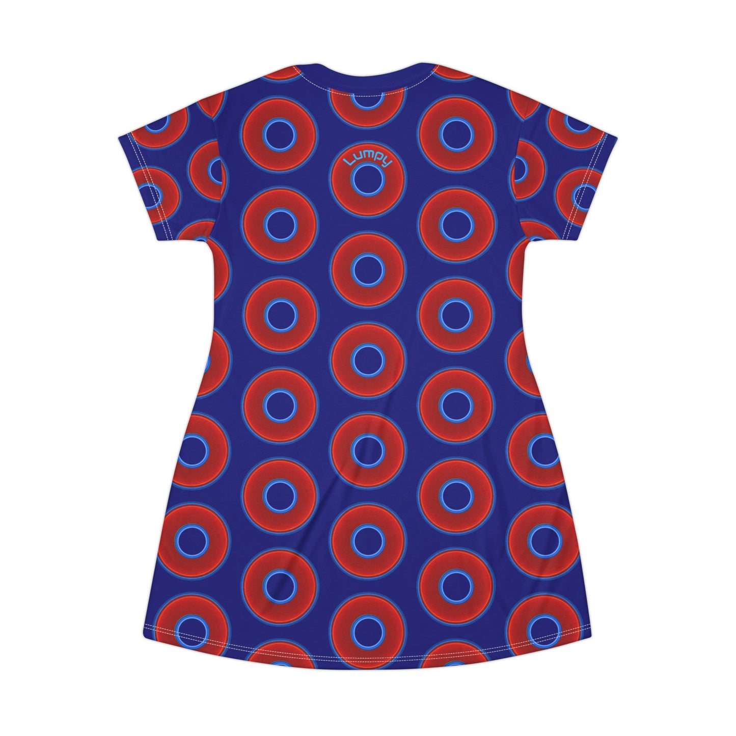 Not a Muumuu AOP Tee Shirt Dress - red vivid donuts w/vivid navy blue background