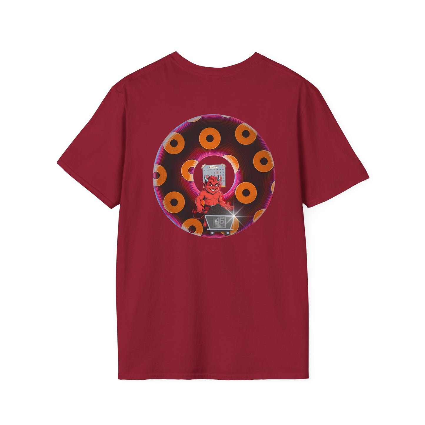 Classic Donut Tee - Unisex Soft-Style - "Every 46th Day Tee Shirt" - paradoxical dark magenta/orange donut