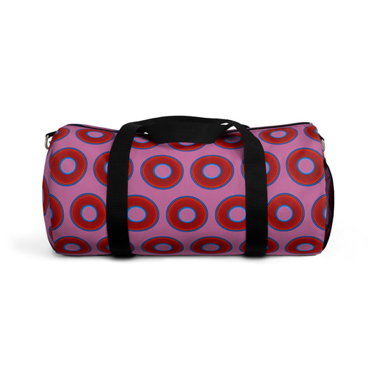 Lumpy Duffel - vivid red donuts w/light pink background