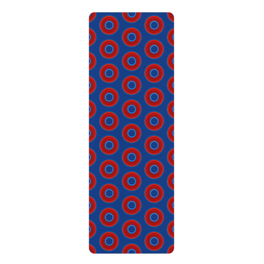 Lumpy Donut Yoga Mat :) - 24″ x 70" - vivid red donut print w/dark blue background