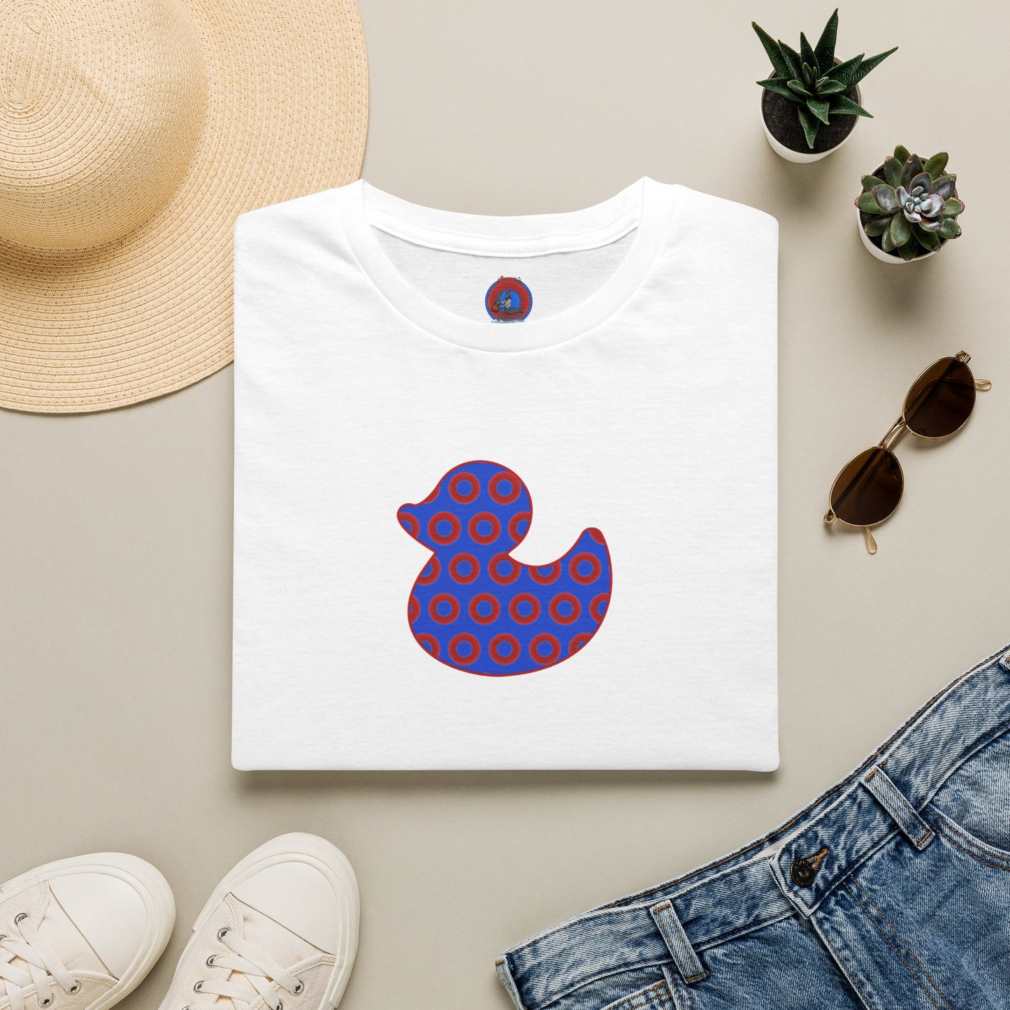 Classic Donut Tee - Unisex Soft-Style - "Rubber Ducky Bath Time Donut" - vivid red/blue donut pattern - variant 3