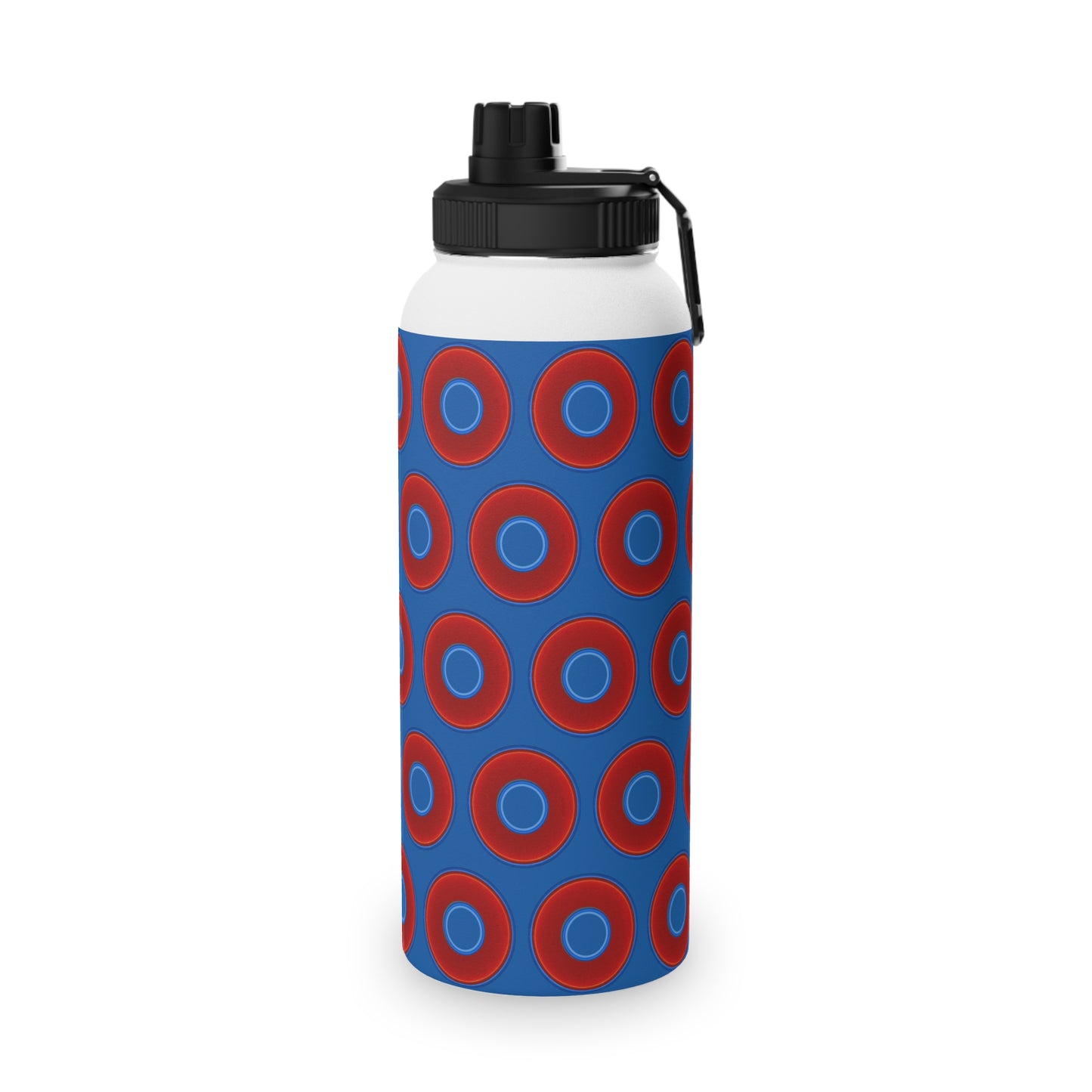 32oz Lumpy Stainless Steel Water Bottle - vivid red donuts w/dark royal blue background