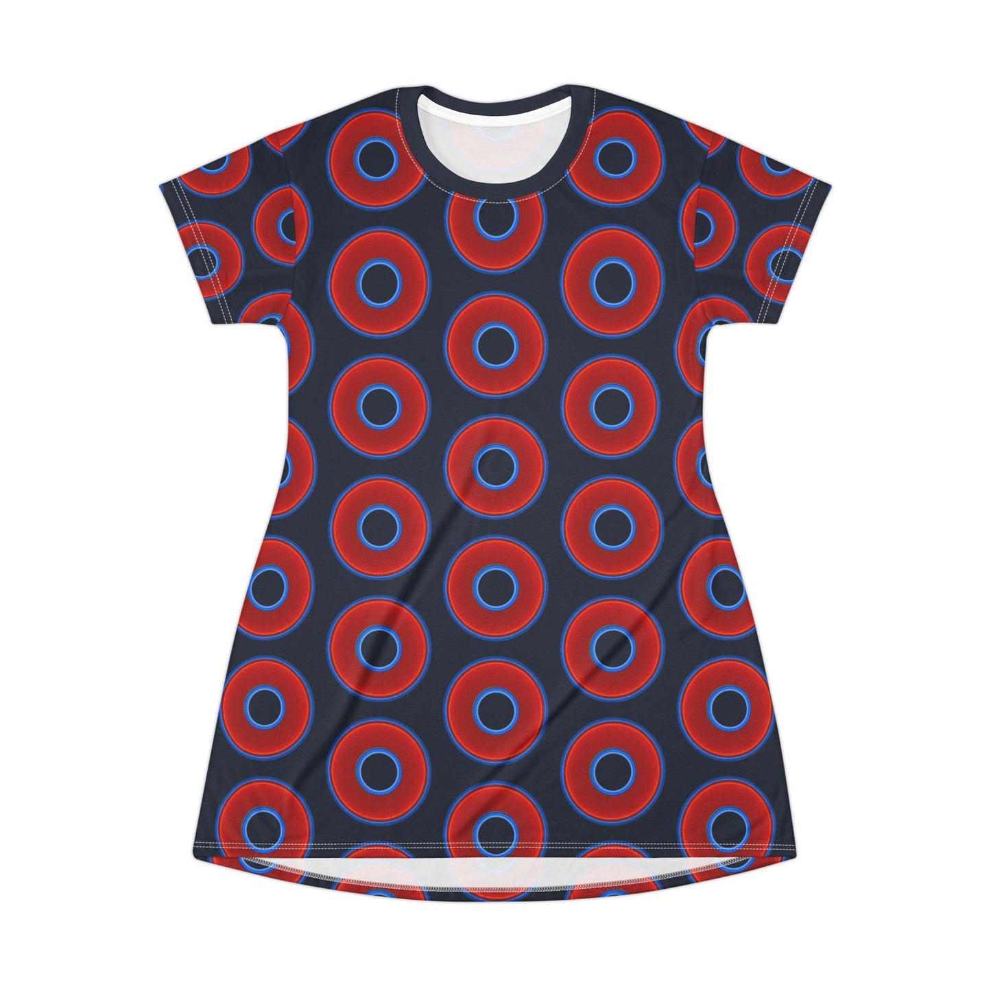 Not a Muumuu AOP Tee Shirt Dress - red vivid donuts w/dark teal blue elite background