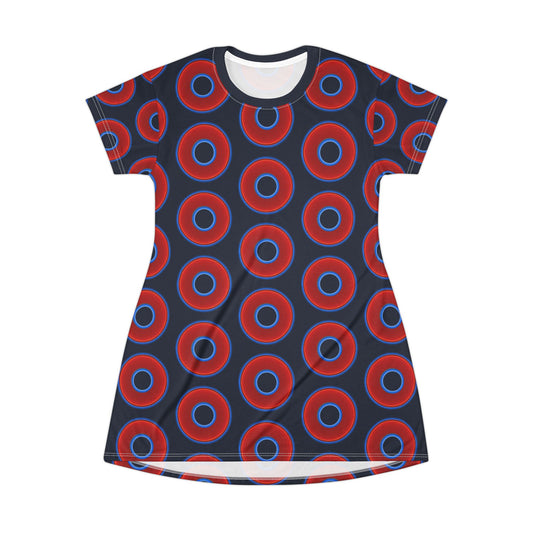 Not a Muumuu AOP Tee Shirt Dress - red vivid donuts w/dark teal blue elite background