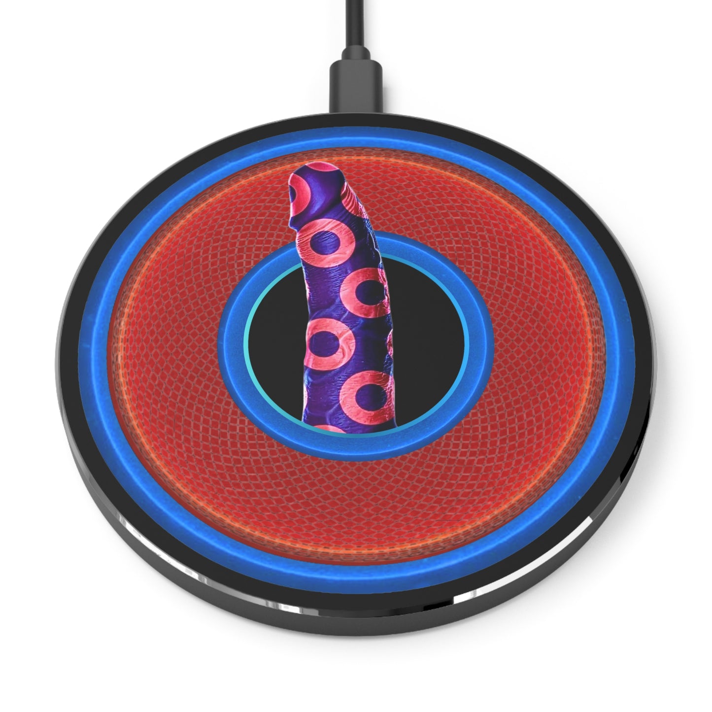 The Flow - Wireless Lumpy Donut Chargers - "Sir Richard's Phamous Donut" - rustic red/blue donut w/black background - variant 1