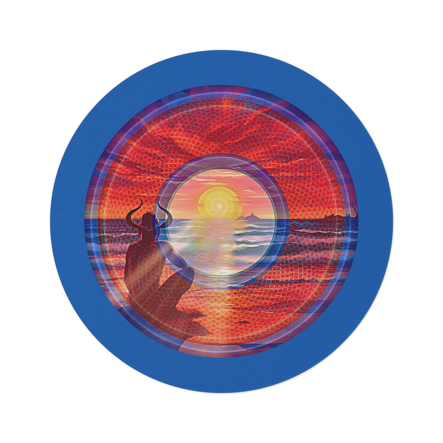 Round Room - 5 ft x 5 ft Lumpy Donut Rug - "The Squirming Donut Rug of Sunset" - rustic red/blue pic donut w/dark royal blue background