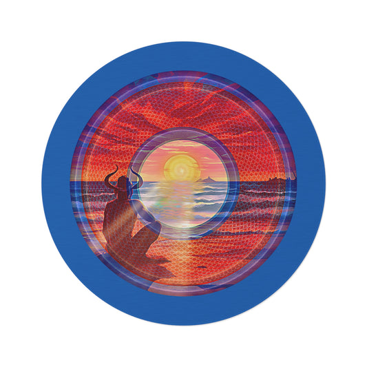 Round Room - 5 ft x 5 ft Lumpy Donut Rug - "The Squirming Donut Rug of Sunset" - rustic red/blue pic donut w/dark royal blue background