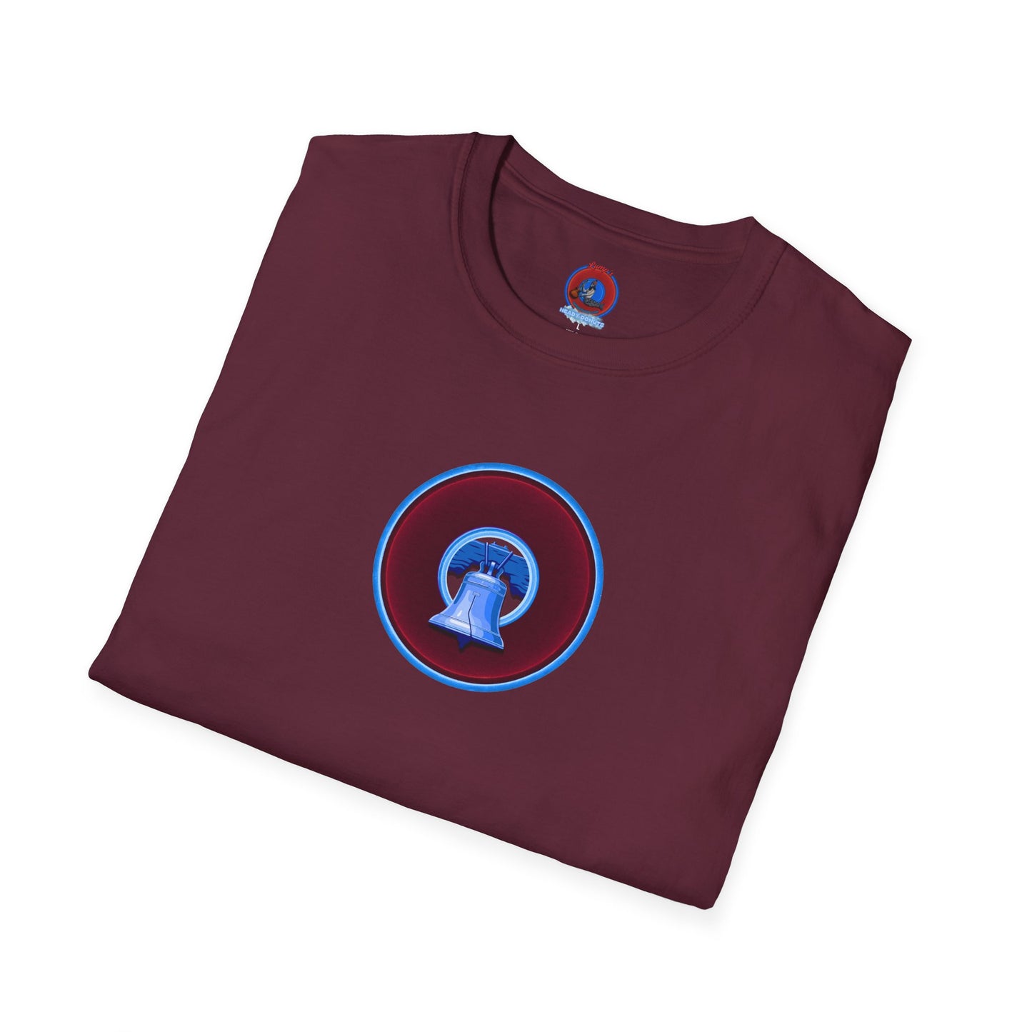 Classic Donut Tee - Unisex Soft-Style - "Brotherly Donuts Jawn" - vivid dark purple-red/light blue donut