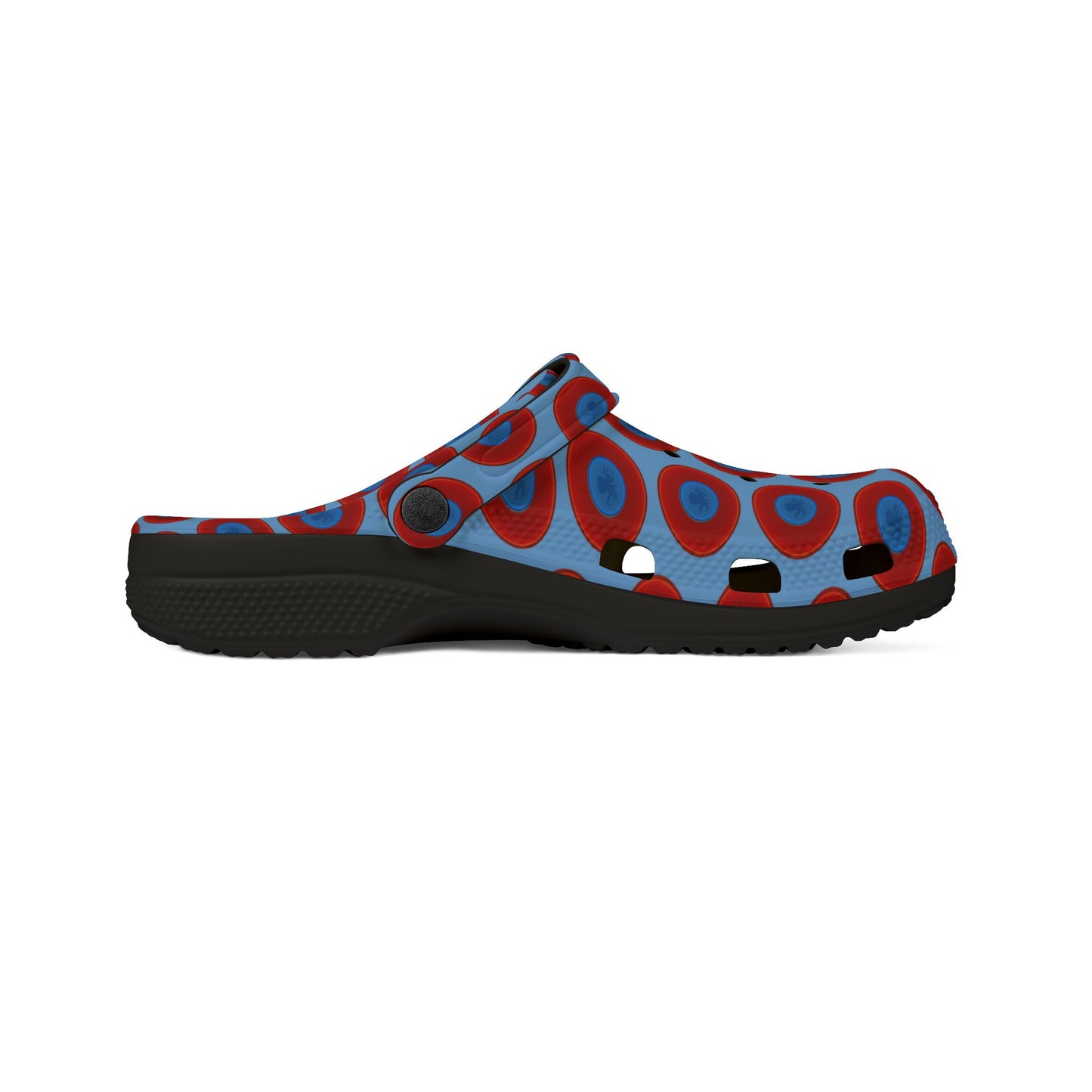 Spatchcocks - donut slip-on shoes - "Roger Moore's Octopussy Donut" - red vivid donuts w/light blue background [unisex]