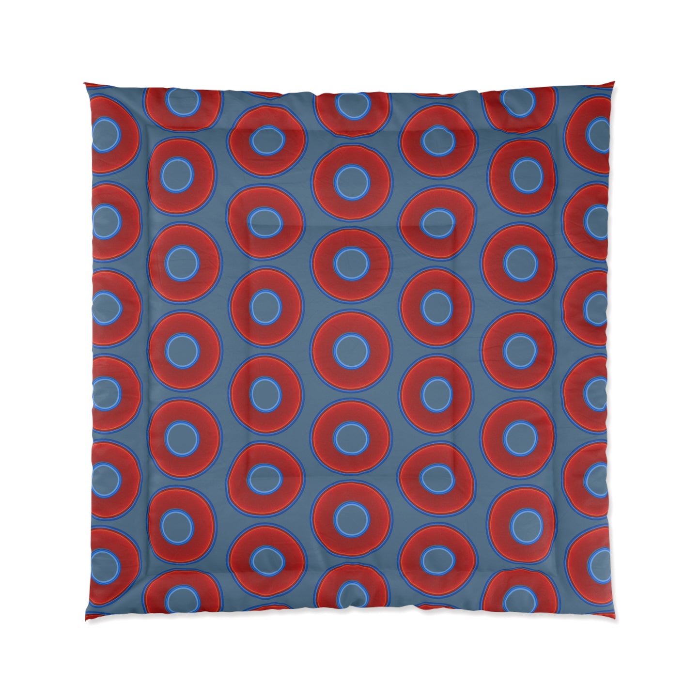 The Very Lumpy Comforter - vivid red donuts w/steel blue background
