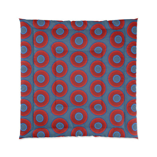 The Very Lumpy Comforter - vivid red donuts w/steel blue background