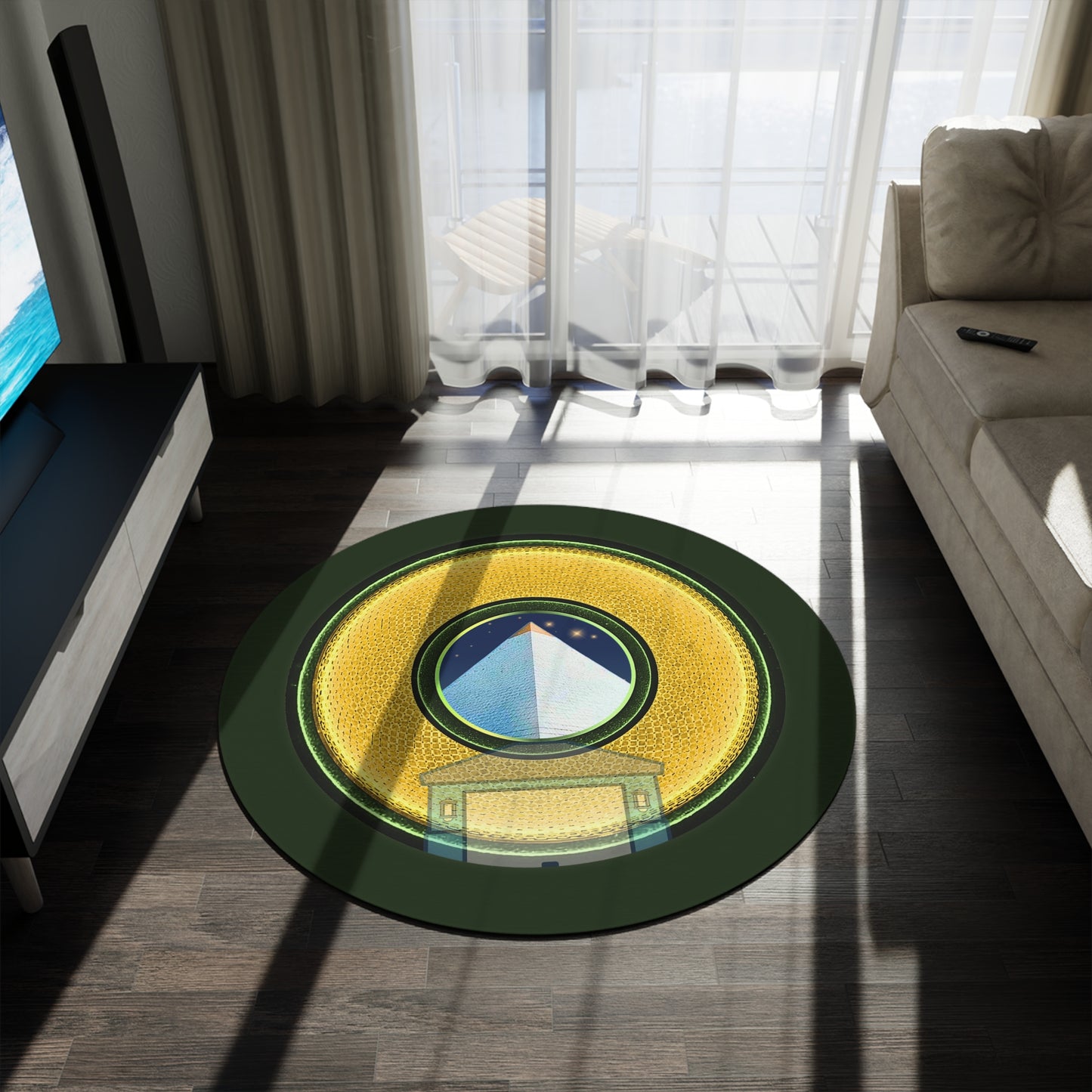 Round Room - 5 ft x 5 ft Lumpy Donut Rug - "Limestone Donut Rugs so Large " - rustic golden donut w/deep forest green background - variant 4