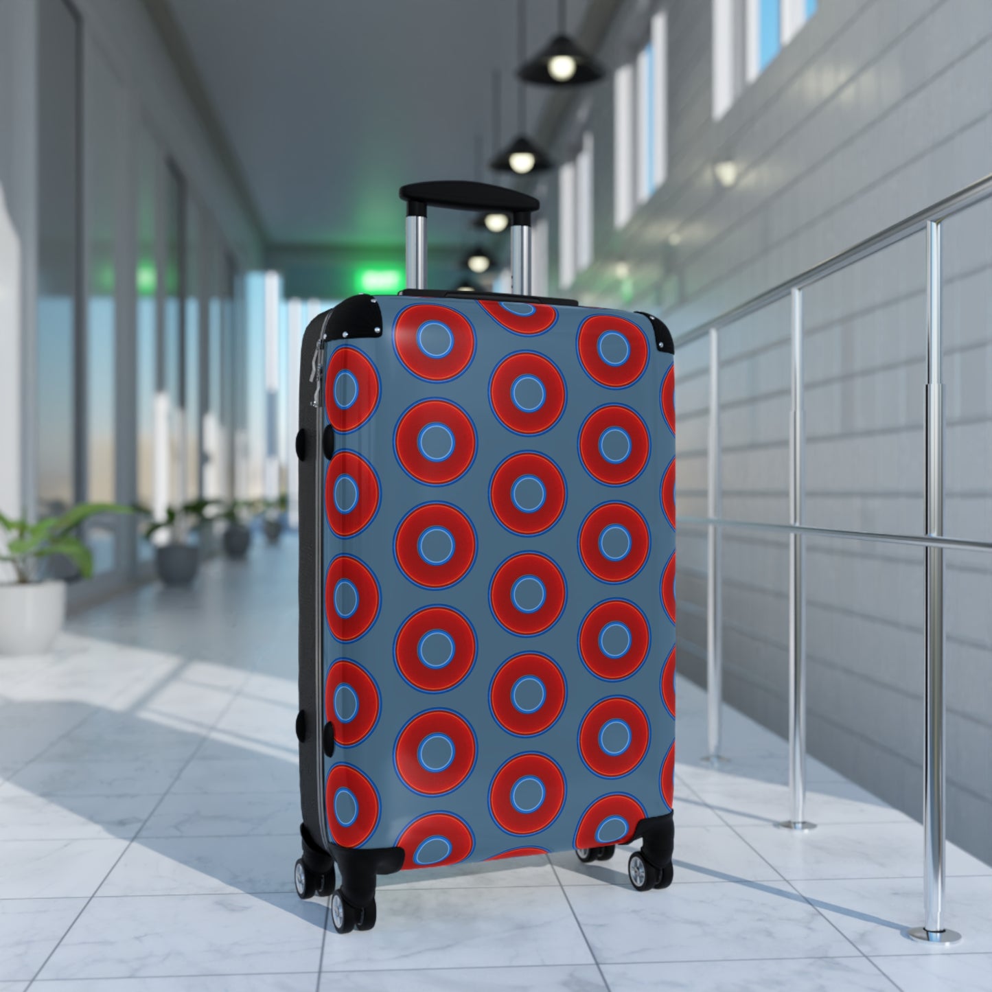 The Very Lumpy Donut Suitcase series - your choice of S, M or L - vivid red donut print w/steel blue background