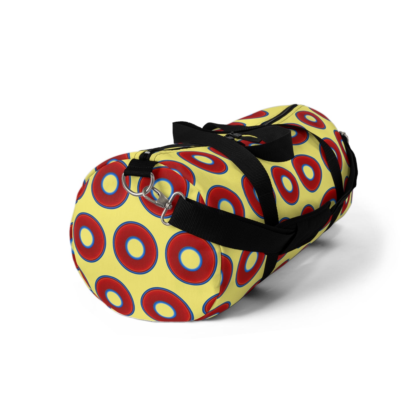 Lumpy Duffel - vivid red donuts w/yellow background
