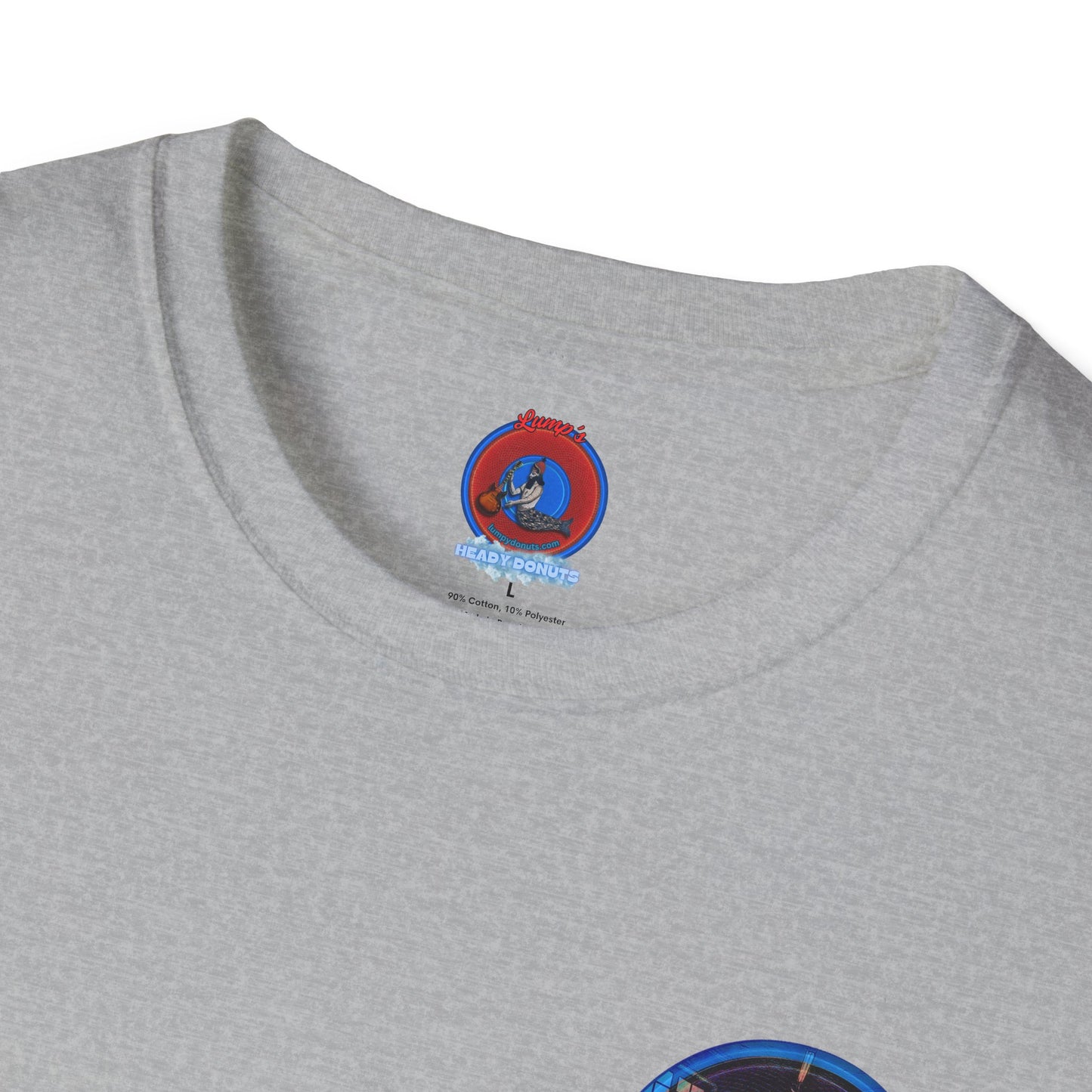 Classic Donut Tee - Unisex Soft-Style - "The Torturous Chalk Dust Donut  " - blue/red picture donut