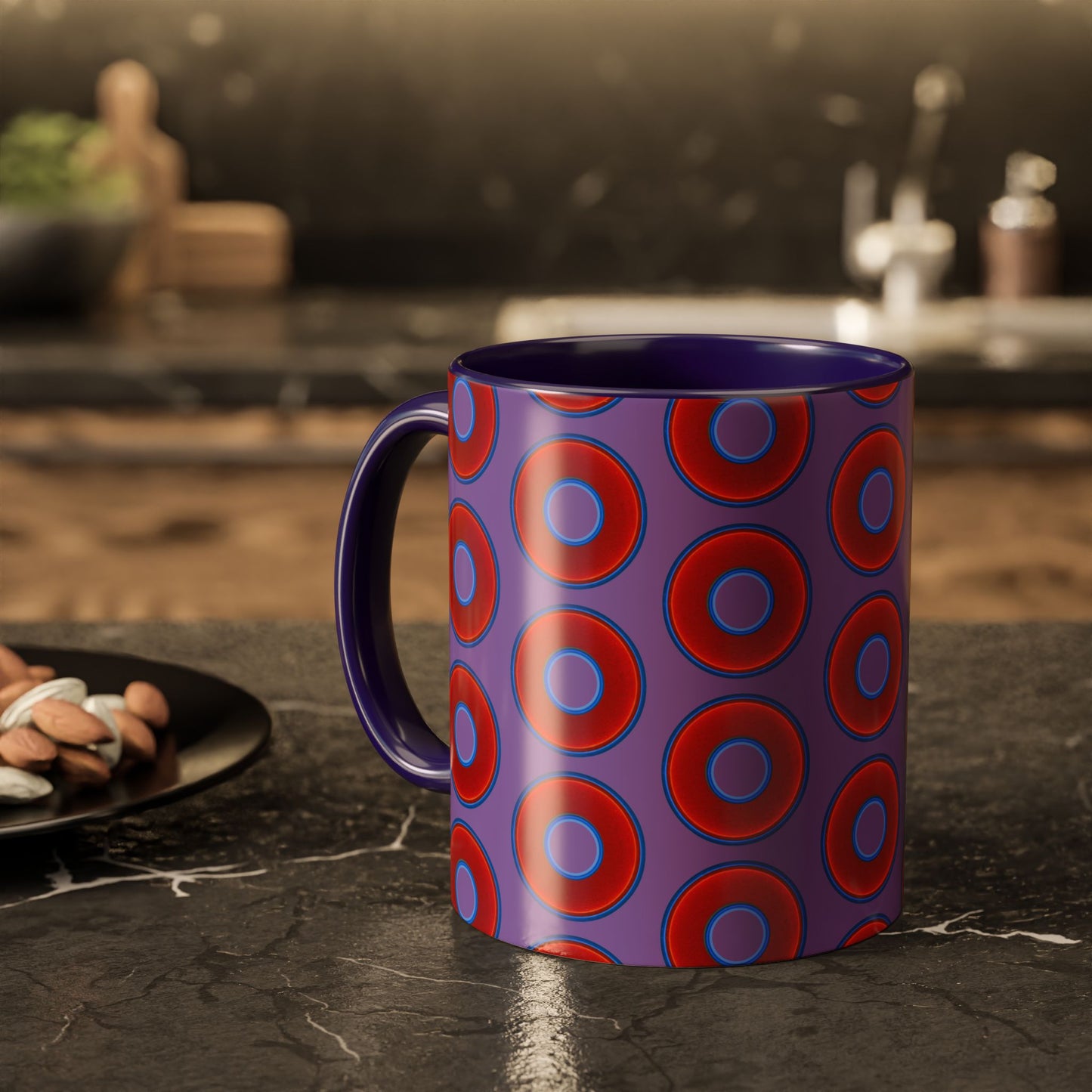 Lump's Grumpy Coffee Mug - vivid red donuts w/light purple background