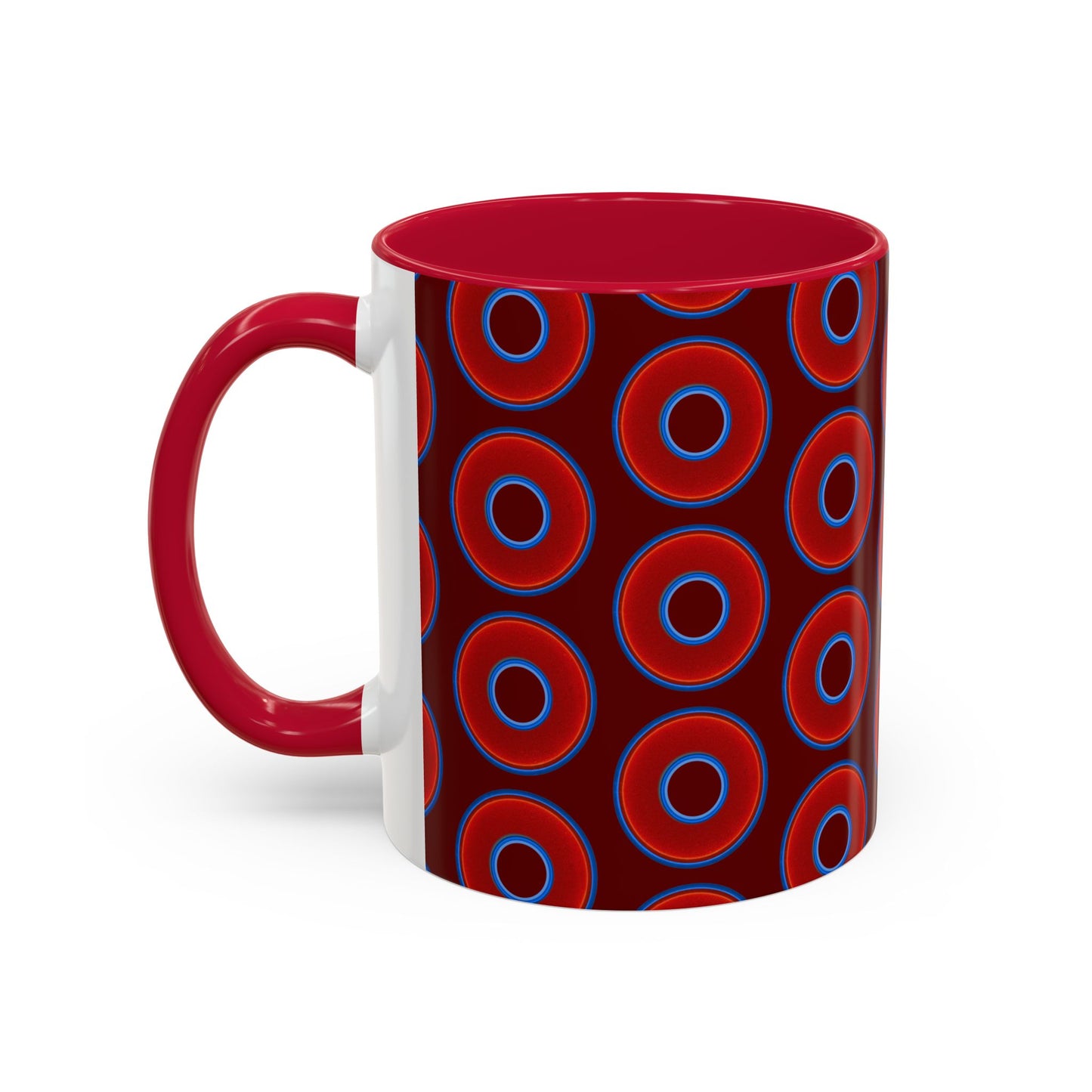 Lump's Grumpy Coffee Mug - vivid red donuts w/dark red background