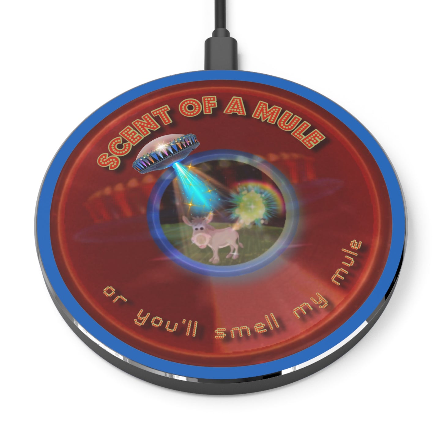 The Flow - Wireless Lumpy Donut Chargers - "Wireless Donut Chargers? In Tomahawk County?" - vivid red donut w/dark royal blue background - variant 4