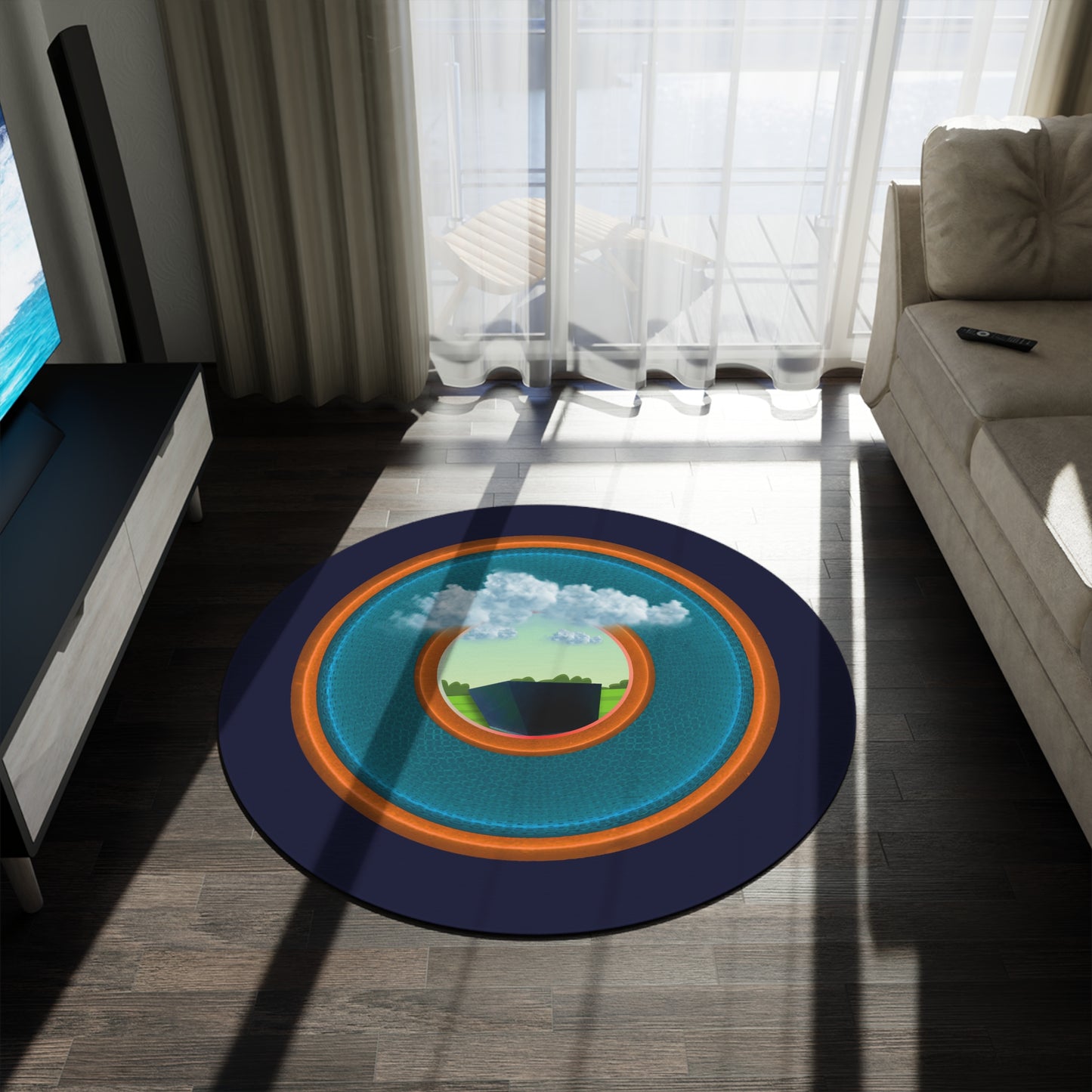 Round Room - 5 ft x 5 ft Lumpy Donut Rug - "Got Rhombus Rug?" - rustic blue/orange donut w/dark navy background - variant 4