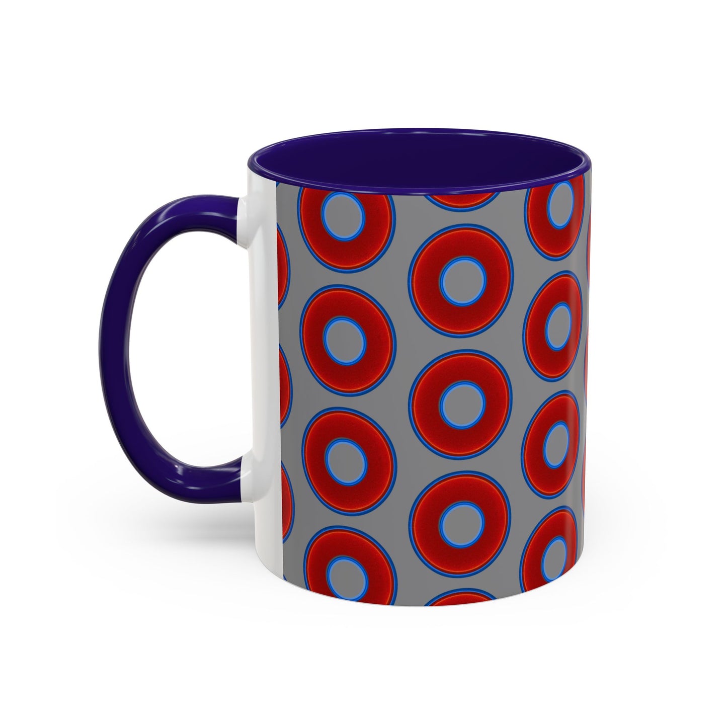 Lump's Grumpy Coffee Mug - vivid red donuts w/gray background