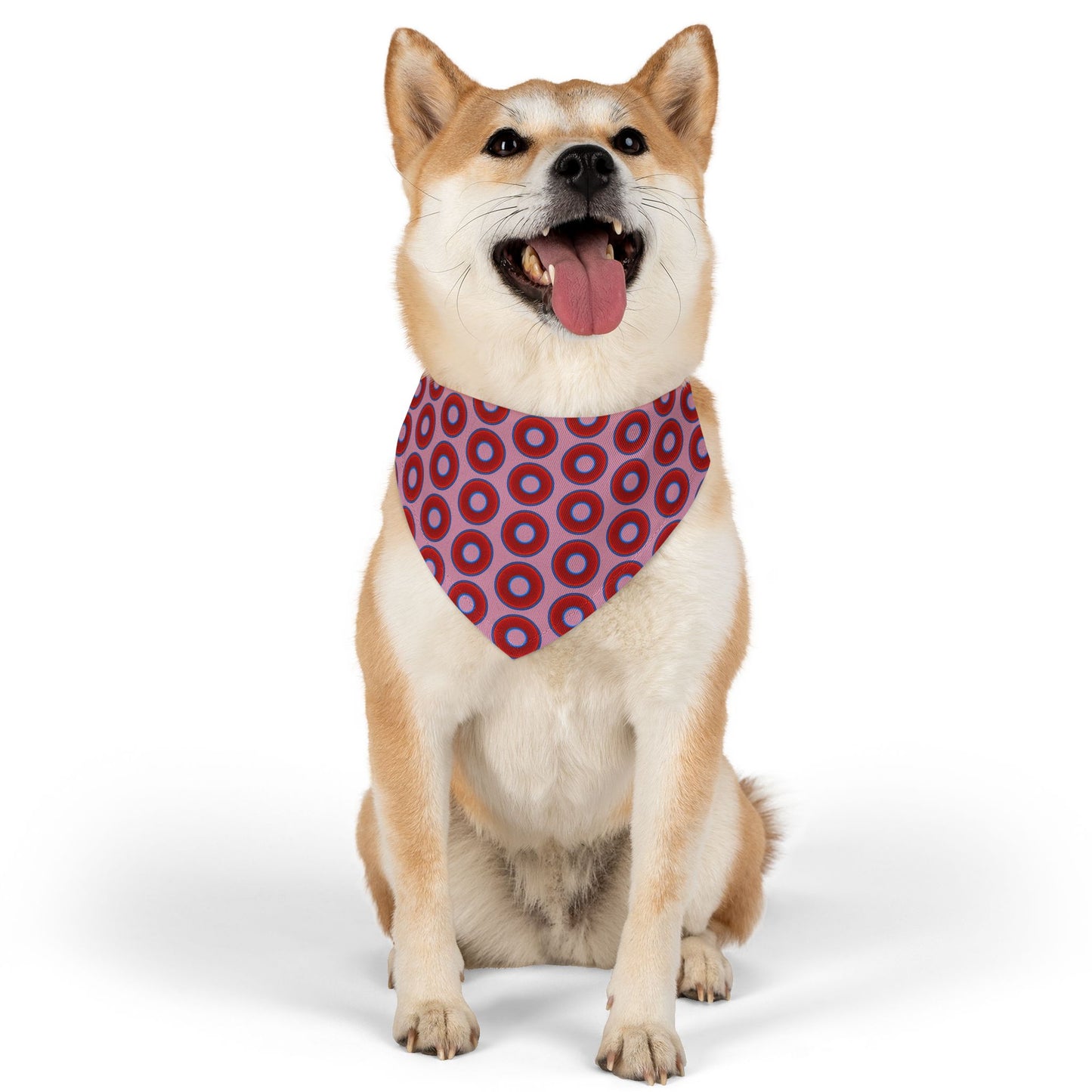 Jim's Lumpy Bandana Pet Collar - vivid red donuts w/pale magenta background
