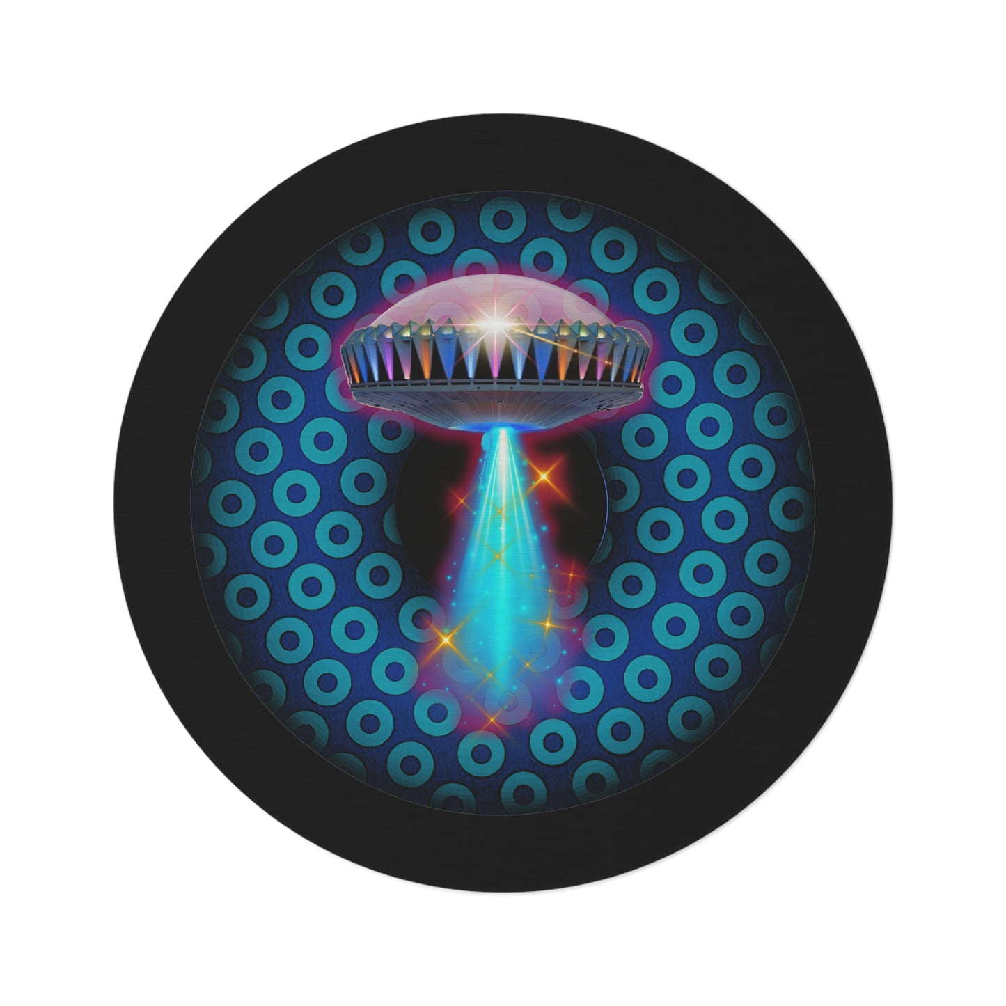 Round Room - 5 ft x 5 ft Lumpy Donut Rug - "They Have Donut Rugs On The Mothership Now" - paradoxical dark blue/teal donut w/black background - variant 5