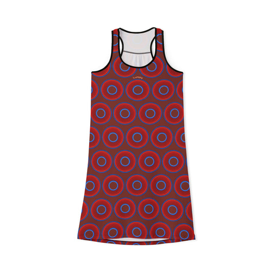 Tela's Lumpy Racerback Donut Dress - red vivid donut print w/burnt umber background