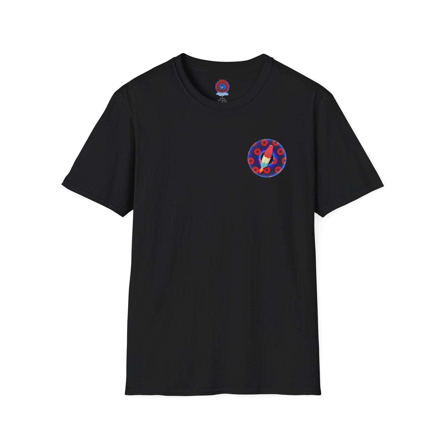 Classic Donut Tee - Unisex Soft-Style - "Blow this Popsicle Stand" - blue/red paradox bomb pop donut - variant 1