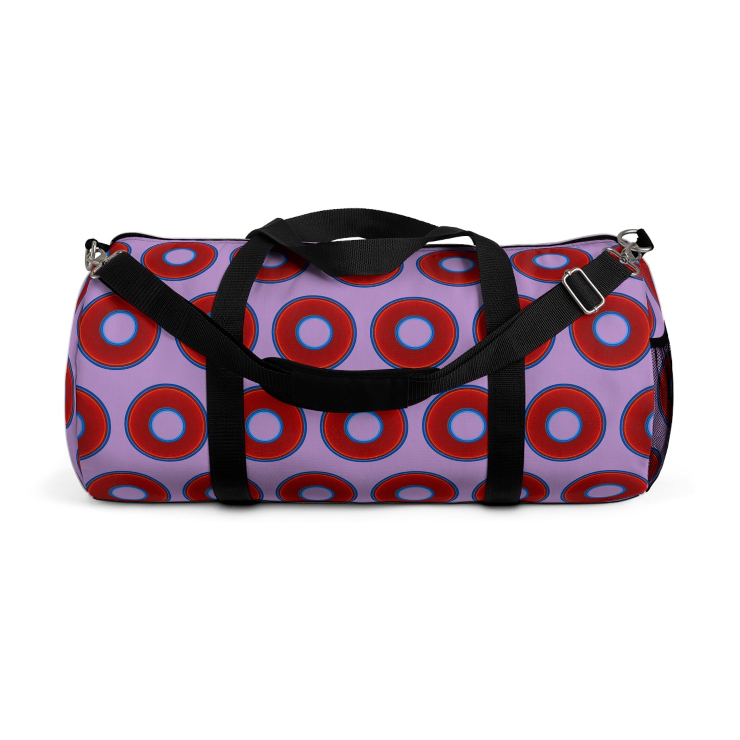 Lumpy Duffel - vivid red donuts w/wisteria purple background