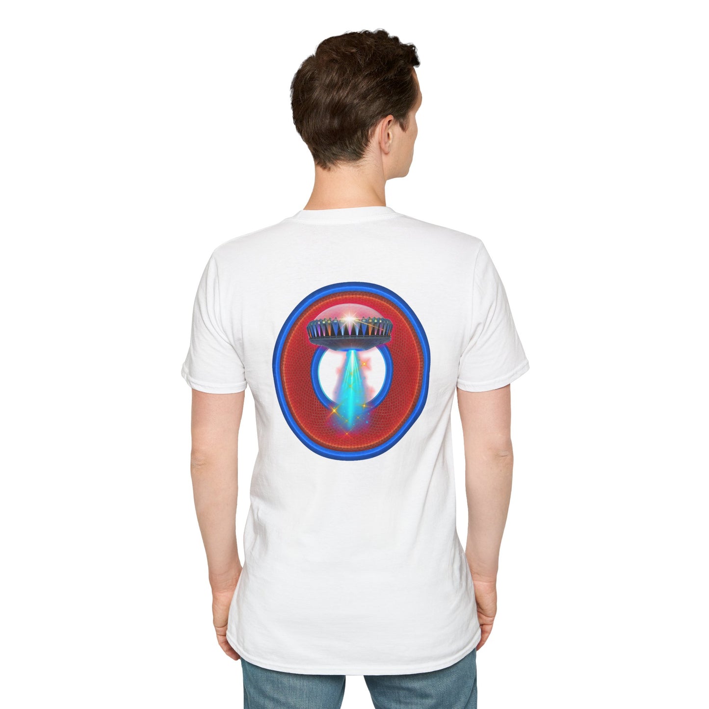 Classic Donut Tee - Unisex Soft-Style - "Donuts now Served on the Mothership" - red/blue donut