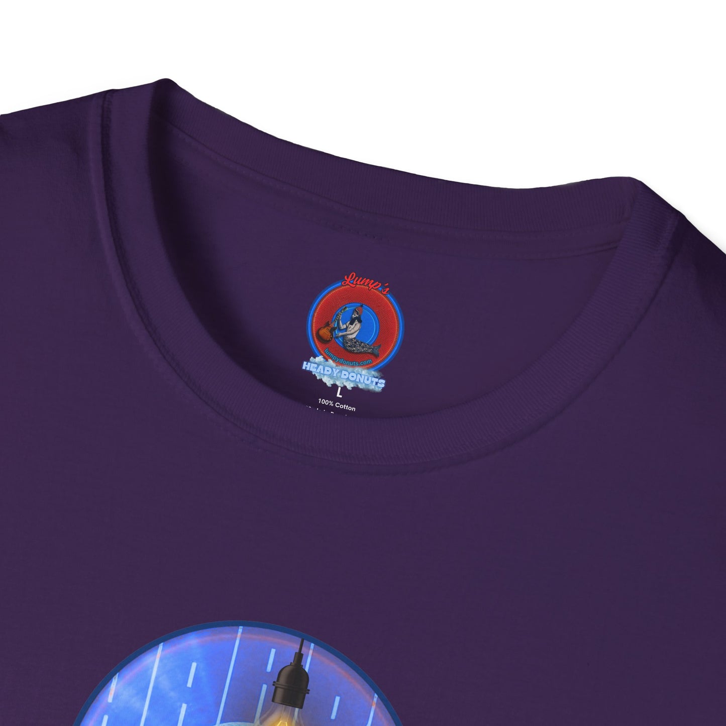 Classic Donut Tee - Unisex Soft-Style - "Harry Left His Donut Shirt" - series 1.0  - variant 4 - purple/blue donut - w/milk & light on