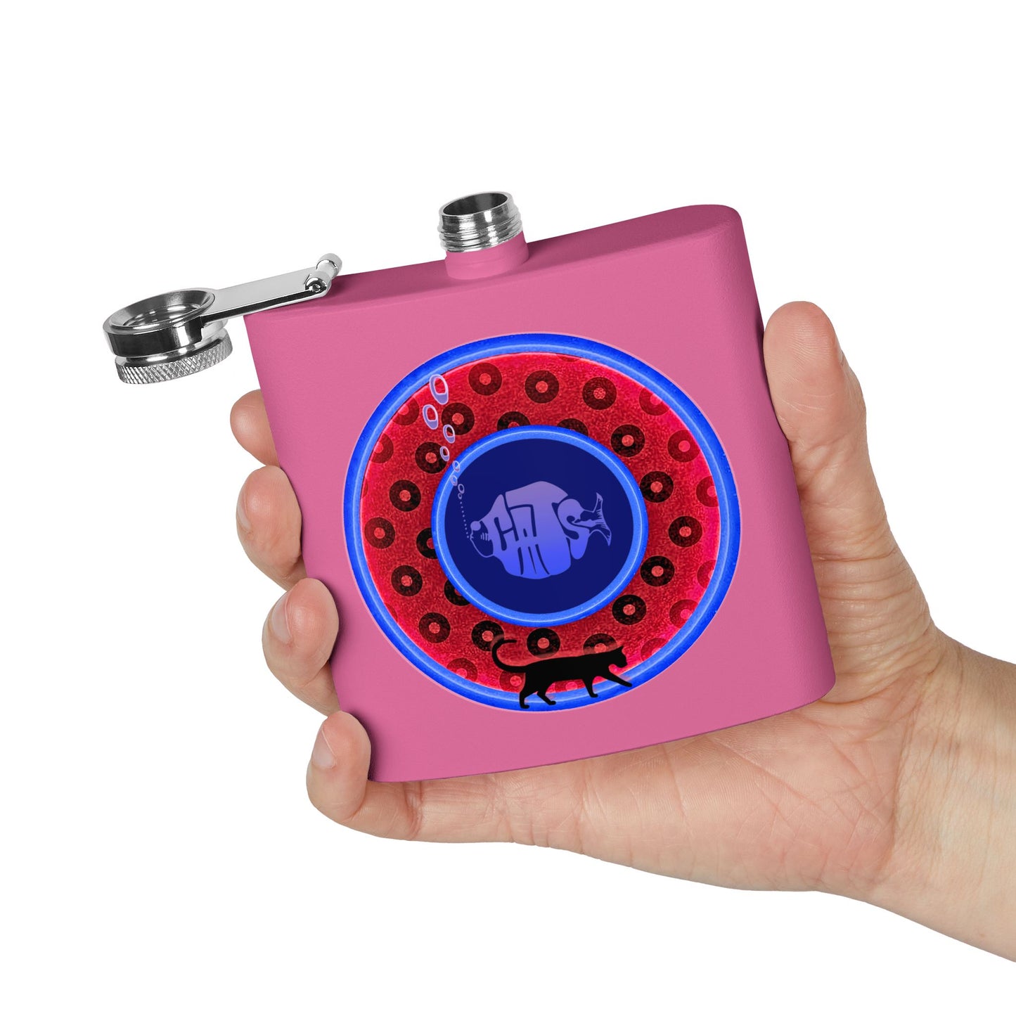 Lump's Donut Flask 6 oz -  red/blue widemouthed paradox donut - [*w/your choice of 6 backgrounds]