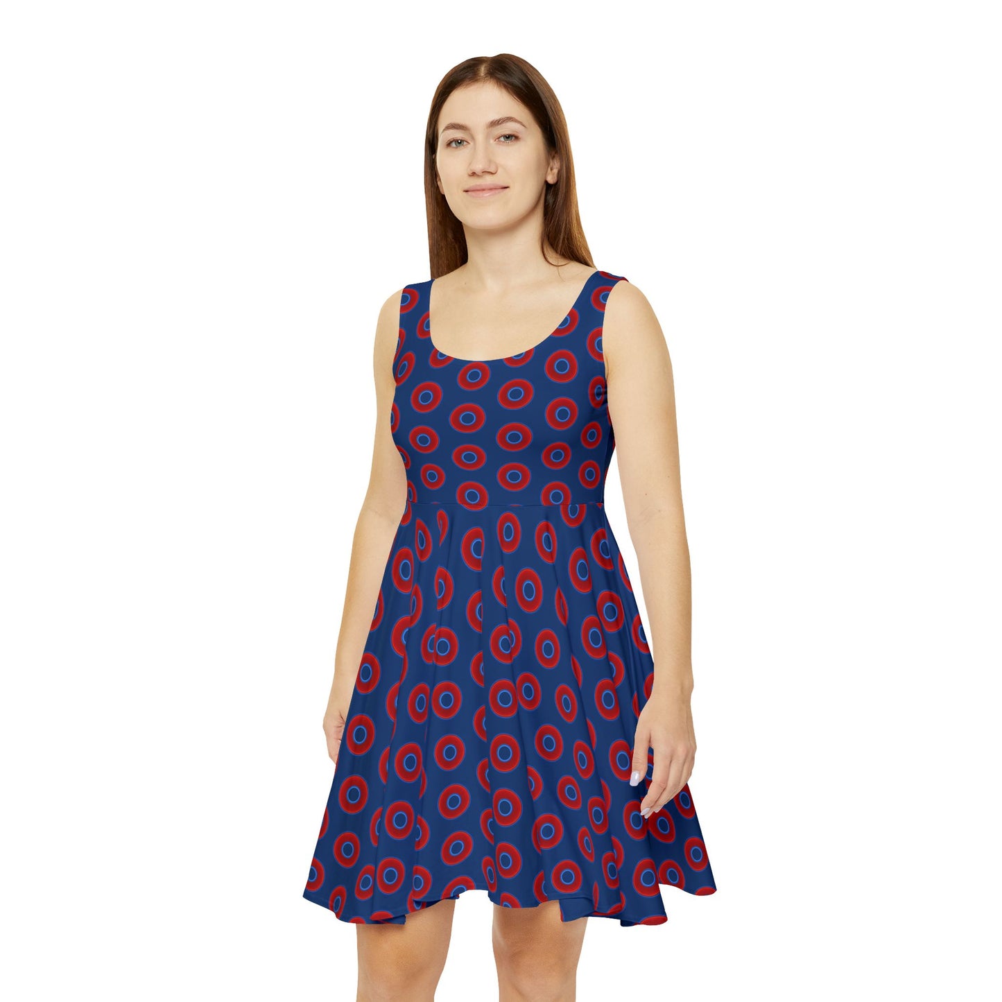 Women's Skater Donut Dress - vivid red donut print w/Atlantic navy background