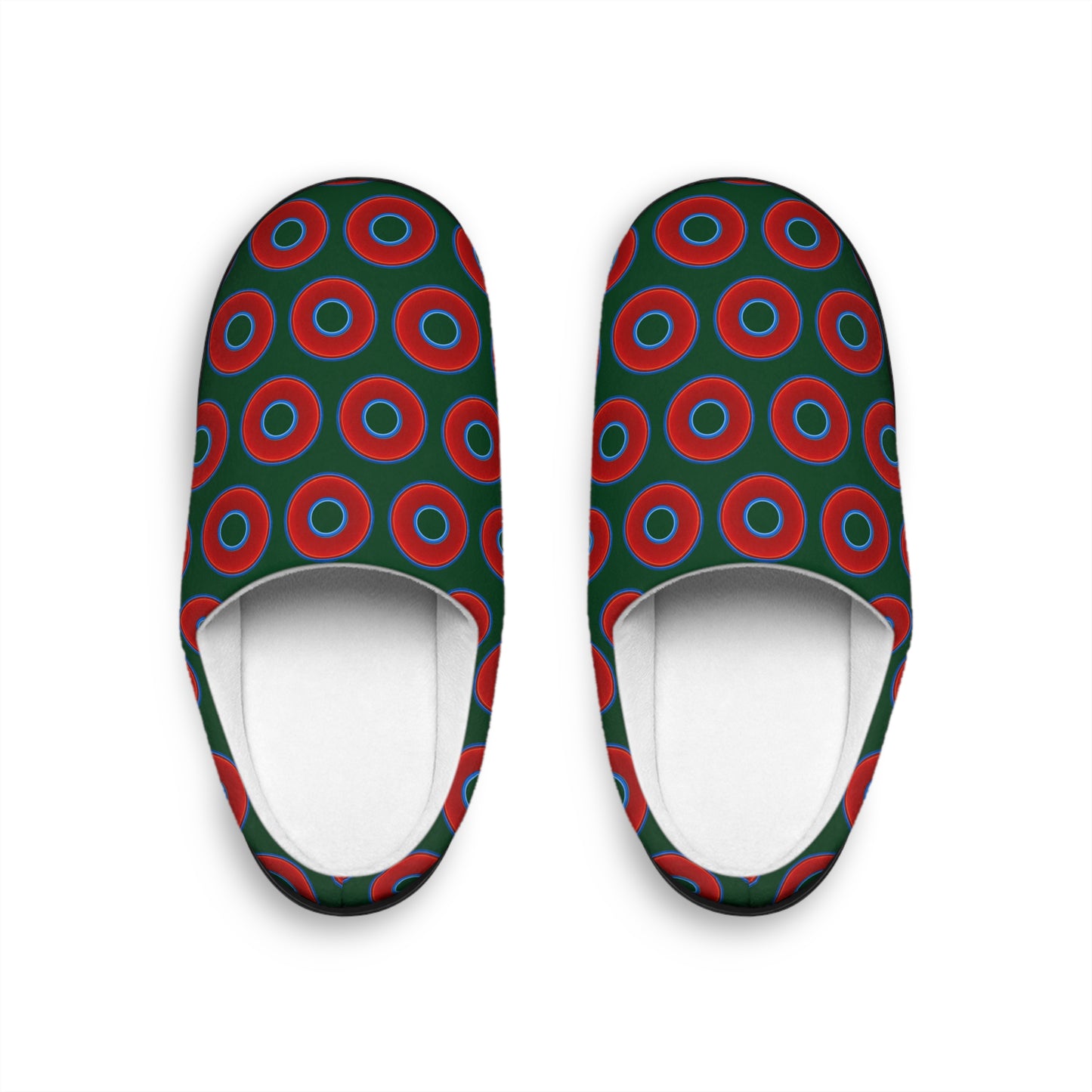 Women's Lumpy Slippers - red vivid donut print w/deep pond green background