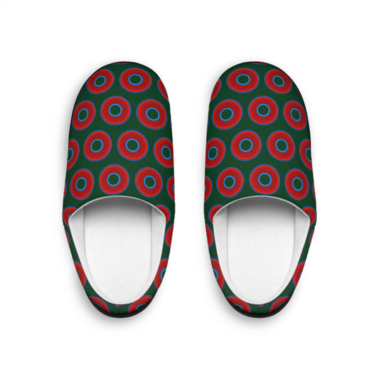 Women's Lumpy Slippers - red vivid donut print w/deep pond green background
