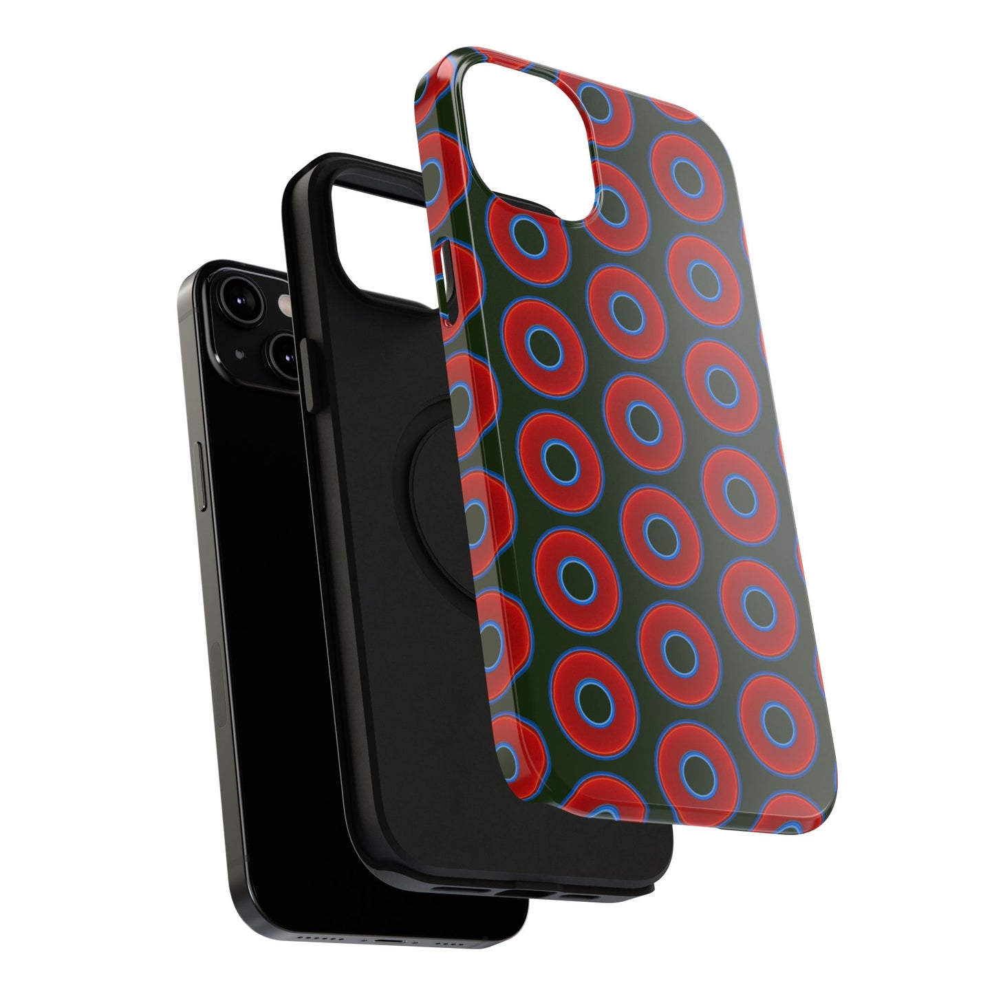 Impact-Resistant Lumpy Donut Case - red vivid donut print w/deep forest green background