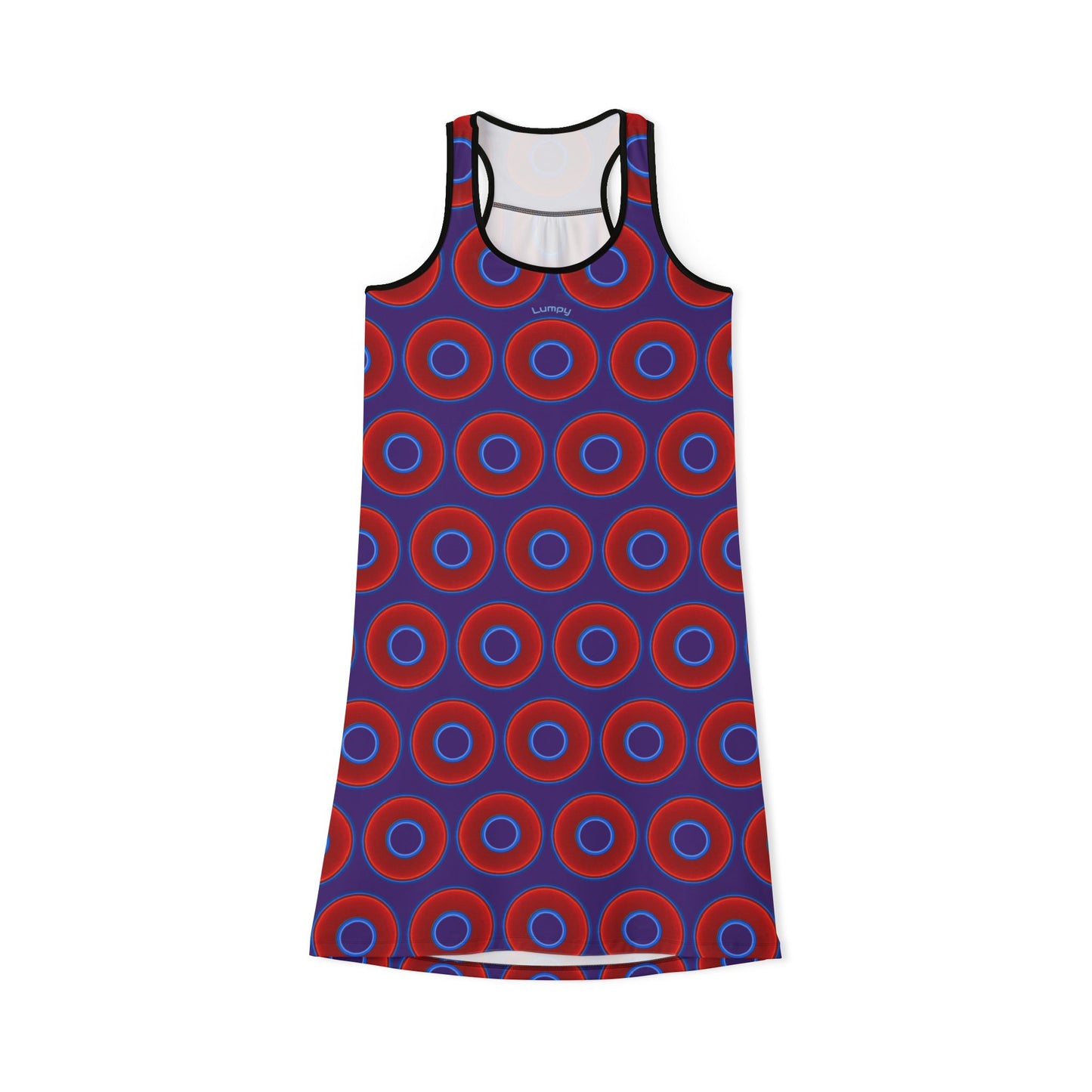Tela's Lumpy Racerback Donut Dress - red vivid donut print w/purple background