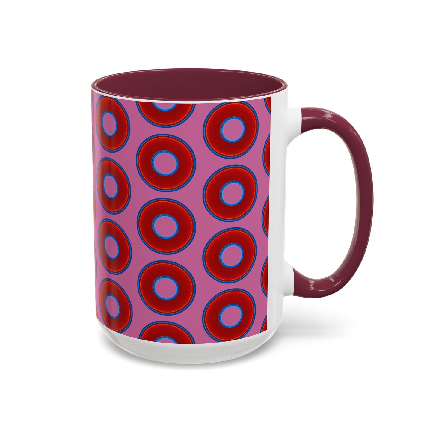 Lump's Grumpy Coffee Mug - vivid red donuts w/pink background