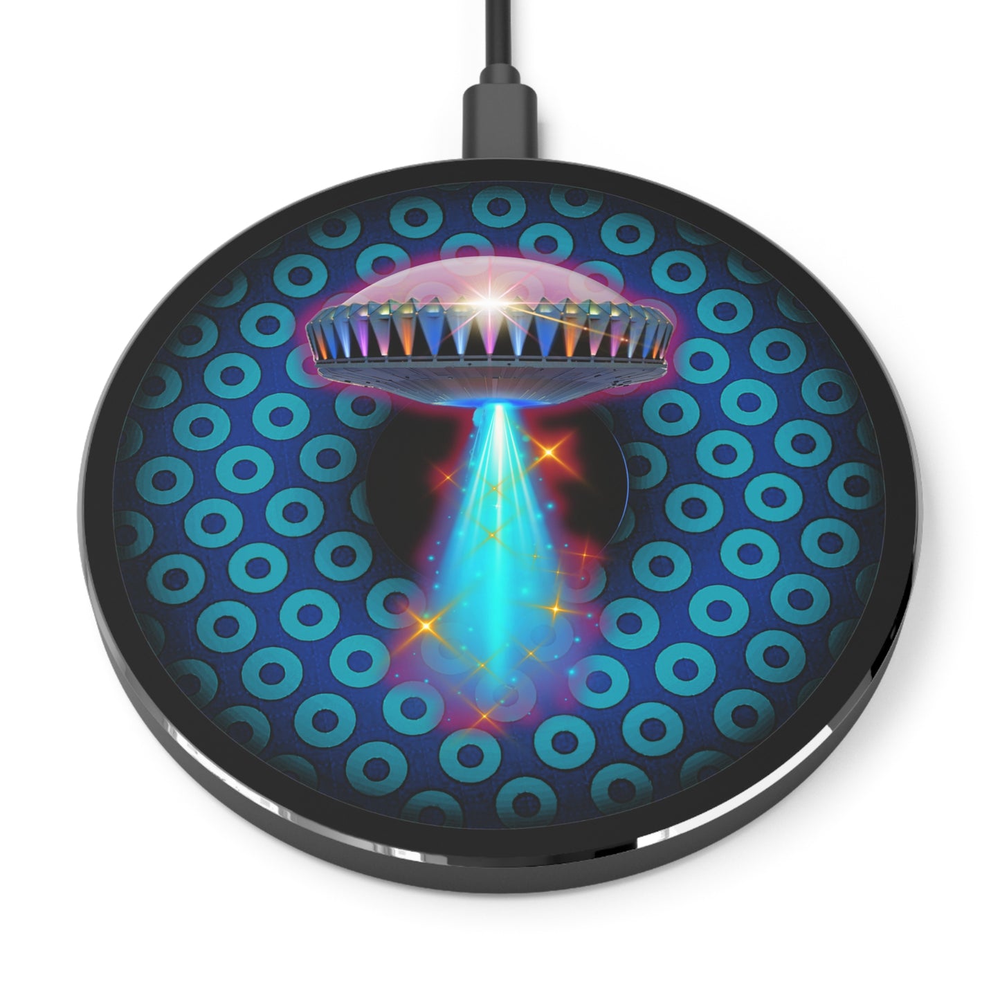 The Flow - Wireless Lumpy Donut Chargers - "They Have Wireless Charging on the Mothership Now" - paradoxical blue/teal donut w/black background - variant 5