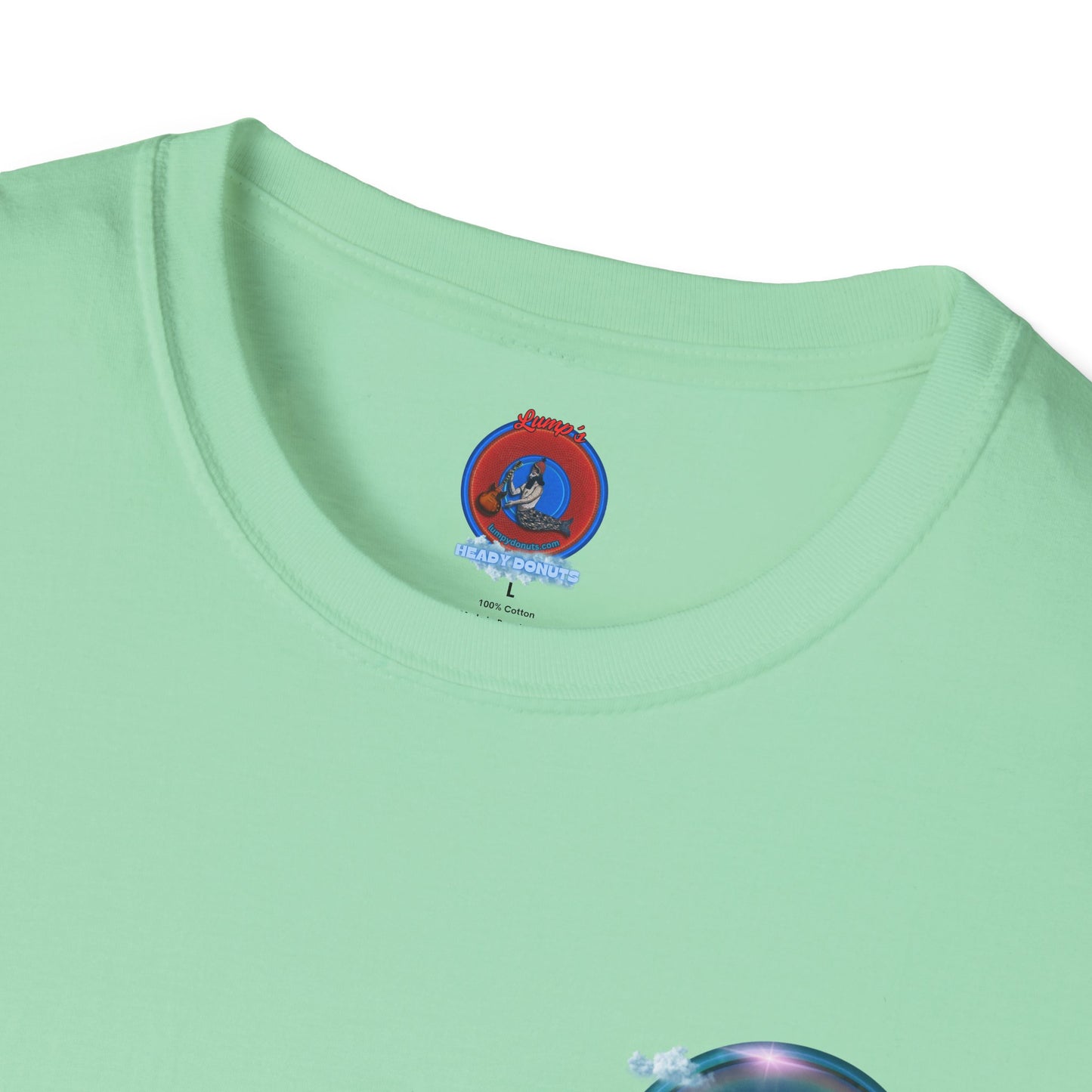 Classic Donut Tee - Unisex Soft-Style - "The Divided Donut" - variant 2 - blue donut  w/hole & sun [*50% to The Divided Sky Foundation]