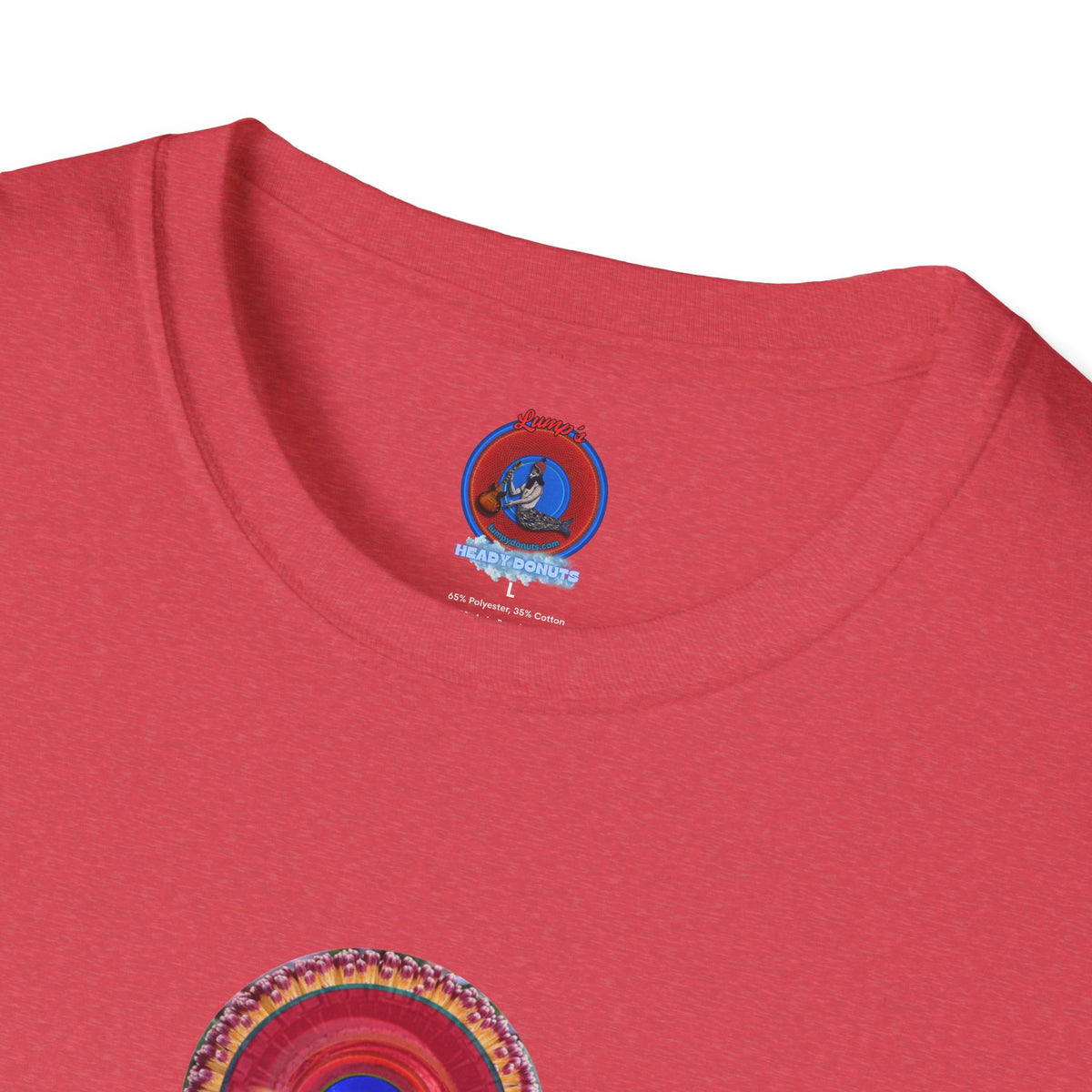 Classic Donut Tee - Unisex Soft-Style - "Smell the Donuts Outside on my Lawn"  " variant 2 - blue donut on red donut/flower
