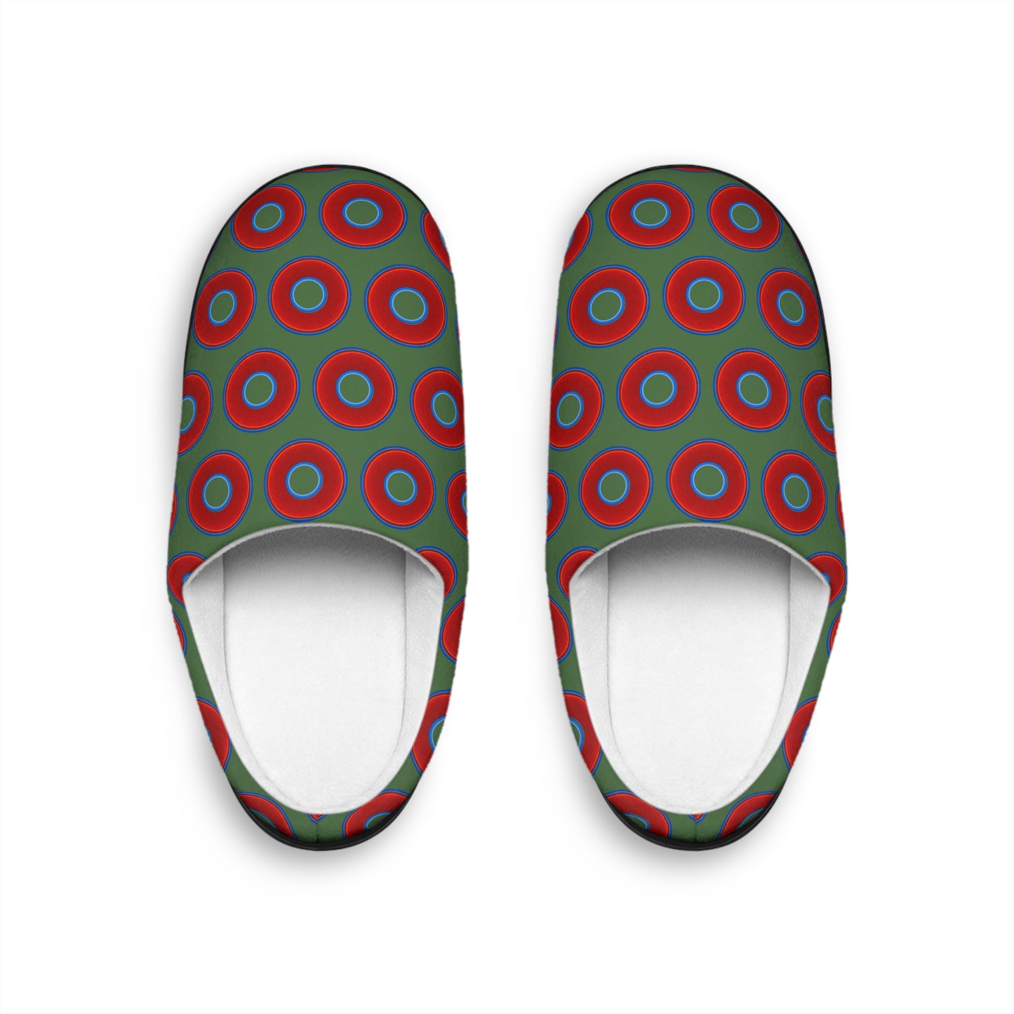 Women's Lumpy Slippers - red vivid donut print w/dark green background