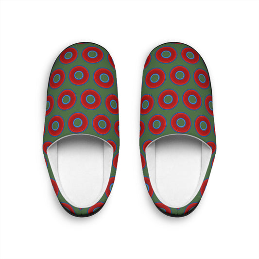 Women's Lumpy Slippers - red vivid donut print w/dark green background