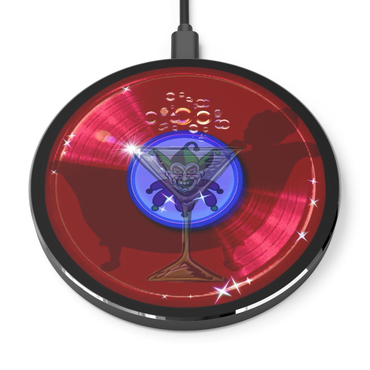 The Flow - Wireless Lumpy Donut Chargers - "The Joker's Personal Wireless Charger" - vivid red donut w/black background - variant 1