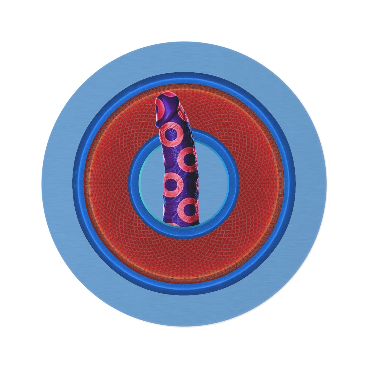 Round Room - 5 ft x 5 ft Lumpy Donut Rug - "Sir Richard's Phamous Donut Rug" - rustic red/blue donut w/light blue background - variant 1