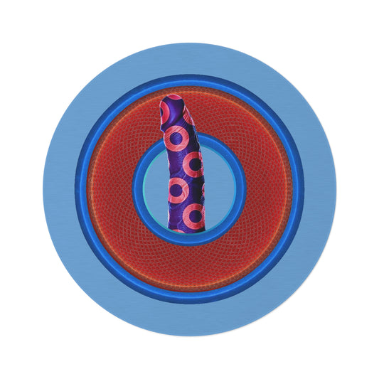 Round Room - 5 ft x 5 ft Lumpy Donut Rug - "Sir Richard's Phamous Donut Rug" - rustic red/blue donut w/light blue background - variant 1