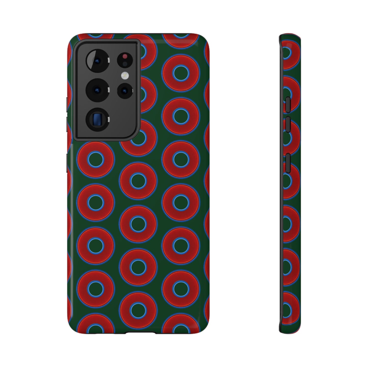 Impact-Resistant Lumpy Donut Case - red vivid donut print w/dark pond green background