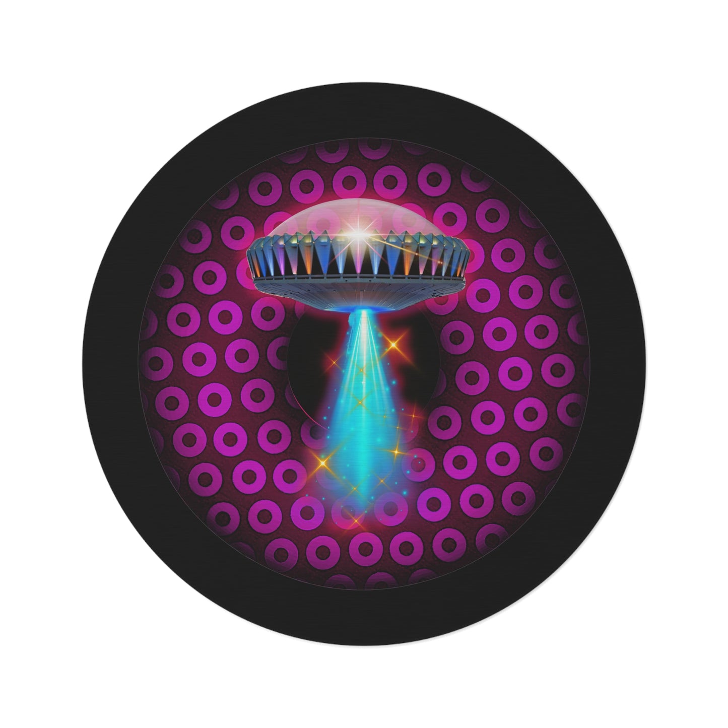Round Room - 5 ft x 5 ft Lumpy Donut Rug - "They Have Donut Rugs On The Mothership Now" - paradoxical burgundy/magenta donut w/black background - variant 3